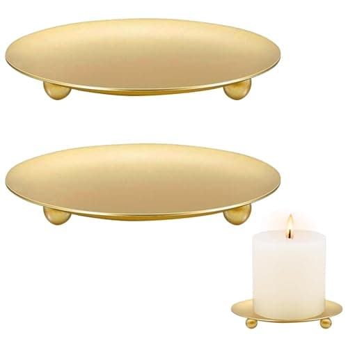 Pillar Candle Plates, 2 Pcs Gold Pillar Candle Holders, Premium Metal Candle Stands for Christmas Table Decoration, Candles Tray for Christmas Table Centrepiece
