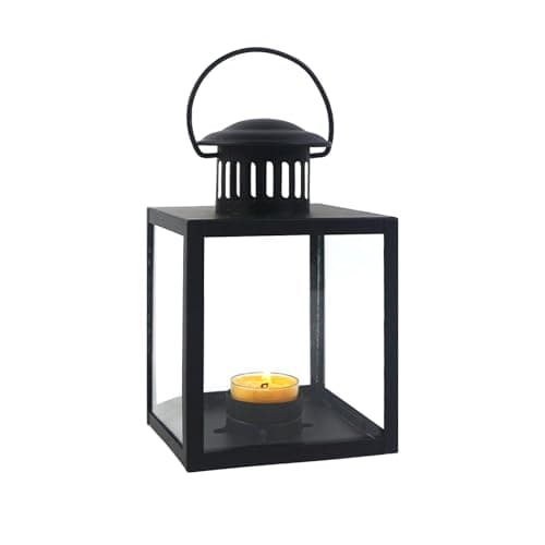 Black Lanterns Decorative Indoor,Hanging Wedding Hurricane Lantern with Clear Glass Farmhouse Candle Holder for Living Room Front Porch Table Mantle Garden Wall Decorations