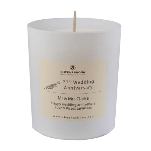 Sheenashona Personalised 21st Brass Wedding Anniversary Candle, Scented Soy Wax Gift Box with Satin Ribbon, Made in Great Britain (Ambe Gold)
