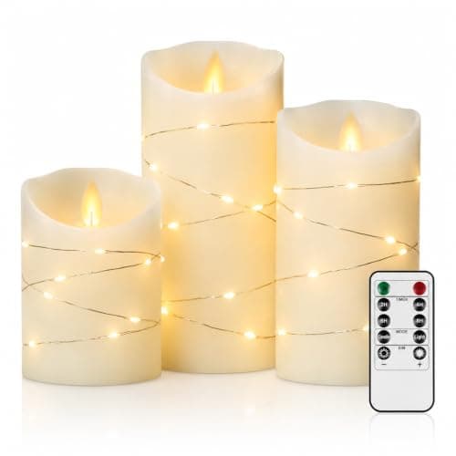 Real Wax LED Flameless Candles with Remote Control, 3 Pack Ivory Pillar Candles with Flickering Flame Effect & Fairy Lights, Battery Operated Candles with Timer Function for Home Decor, Christmas