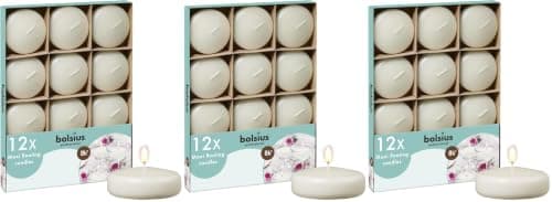 Bolsius - Maxi Floating Candles - Ivory - 12 Pieces in a Box - Ø 7.6 cm - Burning Time 8 Hours - Fragrance-Free - Paraffin Wax - XL Floating Candle - Various Occasions (Pack of 3)