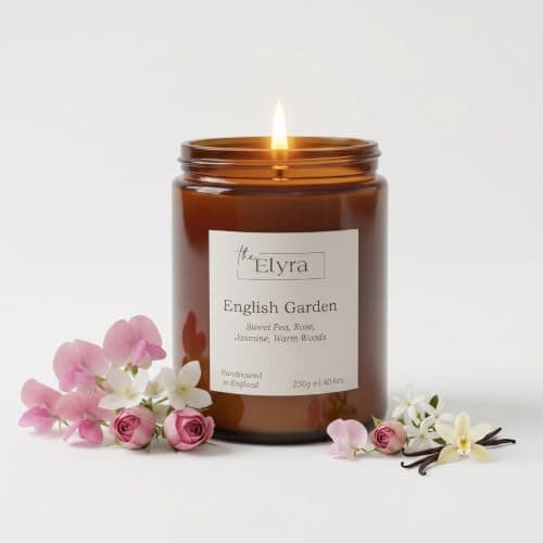 The ELYRA English Garden Floral Scented Candle - Aesthetic Apothecary Amber Jar | Sweet Pea, Rose, Jasmine & Vanilla | 40H Long Burn Hand Poured Soy Wax | Spring & Summer Home Decor, Special Occasions