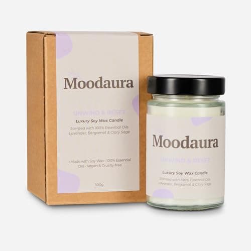 Moodaura Glass Candle, Lavender, Bergamot & Clary Sage Essential Oils