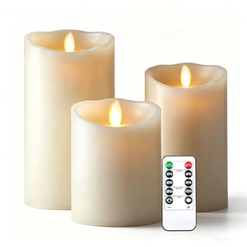 Da by 3 Pack Ivory Paraffin Wax Flameless Candles, Realistic Moving Wick Flickering LED Pillar Candles with Remote Control, Battery Operated Warm Lights for Home Wedding Indoor Outdoor Decor