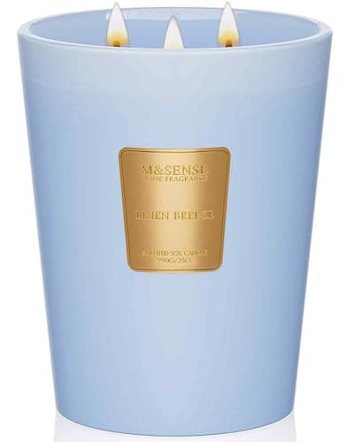 M&SENSE Linen Breeze Blue Soy Scented Candle Gifts for Men Strong, 990g 150H Extra Large Candles Gifts for Women, 3 Wick Candles Non Toxic for Home Scented, Large Organic Candles Gift for Friend