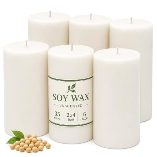 6 Pack Soy Wax Pillar Candles, Non Toxic White Candles, 2x4 Inch