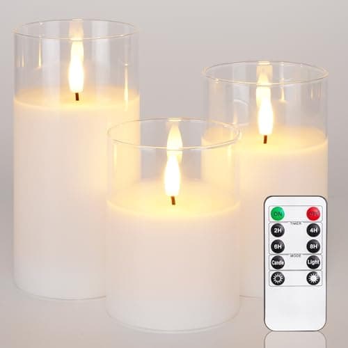 Homemory Real Wax LED Candles Flickering, Clear Glass Shell, White Set of 3