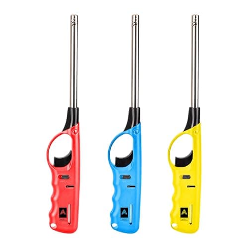 3 x Refillable Gun-Shape Gas Lighters Long Reach BBQ & Kitchen Lighters, Assorted Colours for Candles, Fireplaces & Camping