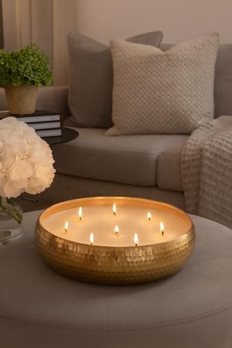 Marco Paul Large Scented Candle Bowl 7 Wick Gold Vanilla 25cm Candle Dish Hammered Tone Long Lasting Home Fragrance Luxury Soy Wax Christmas Home Decoration Dining Table Centrepiece