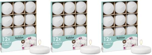 Bolsius - Maxi Floating Candles - White - 12 Pieces in a Box - Ø 7.6 cm - Burning Time 8 Hours - Fragrance-Free - Paraffin Wax - XL Floating Candle - Various Occasions (Pack of 3)