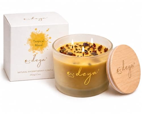 Deya Natural Soy Wax Candles | Healing Crystals&Dried Flowers | 3 Wick Candle | Up to 45 Hours Burning Time | Frosted Glass Jar | Vegan | Aromatherapy | Best Gift for Men and Women