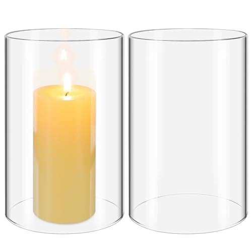 SHINEOFI Glass Hurricane Candle Holders Set of 2 Clear Open Ended Cylinder Candle Shades 5.91 X 3.94 Inch Windproof Pillar Covers for Home Decoration and Outdoor Use