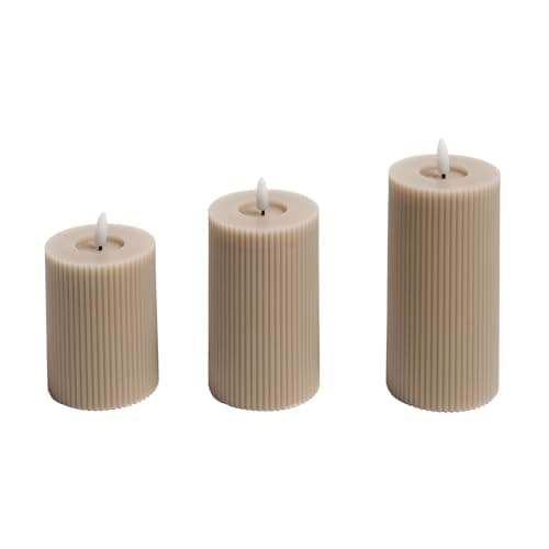 OHS Ribbed Flameless Candles Battery Operated, Set of 3 Realistic LED Candles Warm Flickering Electric Pillar Candle for Home Decor Wedding Event Decor Flame-Free Authentic Mood Lighting, Natural