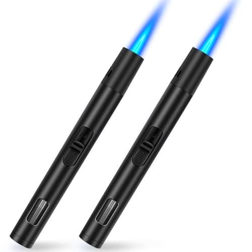 Jet Lighter Windproof Gas BBQ Lighter Refillable Butane Torch Lighter Long Reach Flame Fire Lighter for Barbeque, Kitchen Grill, Fireplaces (Without Gas Fuel) (2 Pack Black)