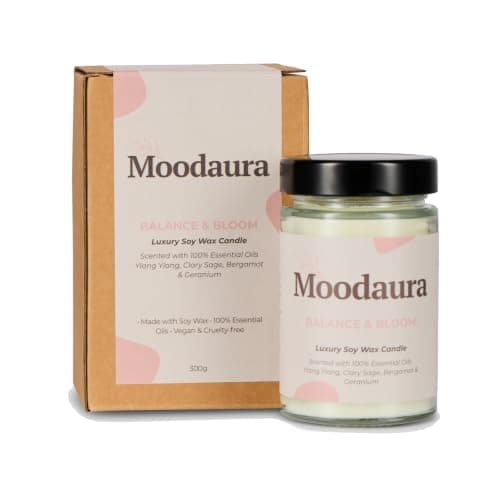 Moodaura Glass Candle, Ylang Ylang, Geranium & Bergamot Essential Oils