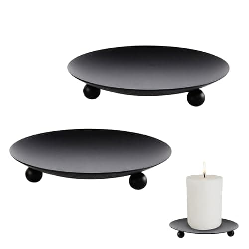 2 Pack Pillar Candle Holders, Black Metal Candle Plates and Trays