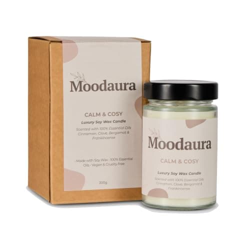 Moodaura Glass Candle, Cinnamon Clove Frankinsense Bergamot Essential Oils