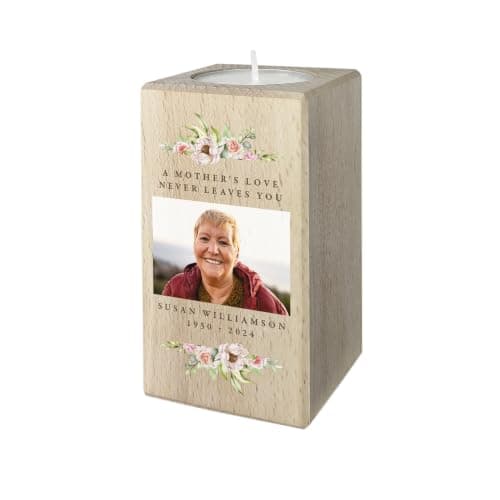 Personalised Photo Tea Light Holder Floral Wood Memorial Gift 10cm