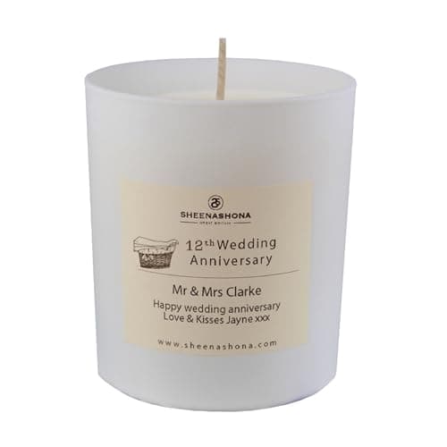 Sheenashona Personalised 12th Linen Wedding Anniversary Candle, Scented Soy Wax Gift Box with Satin Ribbon, Made in Great Britain (White Linen)