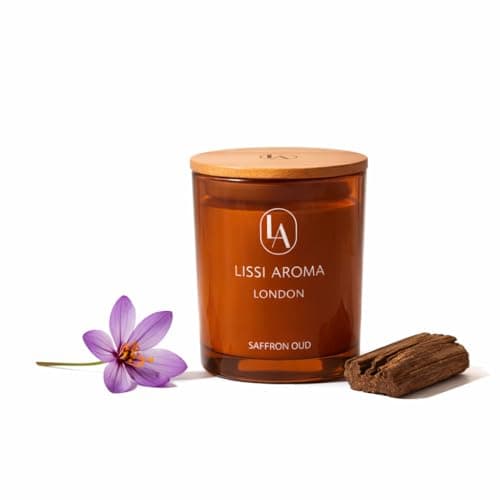 Saffron Oud | Spicy Warm Candle | Luxury Scented Candle | Natural Soy Wax Candle | Mood Uplifting Candle | Amber Glass Jar | Wooden Lid | Large Candle | Gift for Him & Her | Lissi Aroma London