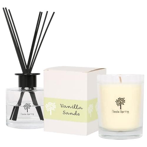 Nicola Spring Soy Wax Scented Candle & Reed Diffuser Set – Vanilla Sands Fragrance – 160g Candle 28 Hour Burn & 200ml Diffuser 60 Day Scent – Luxury Eco-Friendly Home Fragrance Gift Set