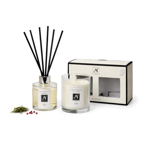 Aroma Naturals Scented Gift Box Candle and Reed Diffuser, Glass Jar Minimalist Luxe 206G, Metal Lid with Ribbon, 100ML Glass Diffuser Vessel with Metal Collar (Infame)