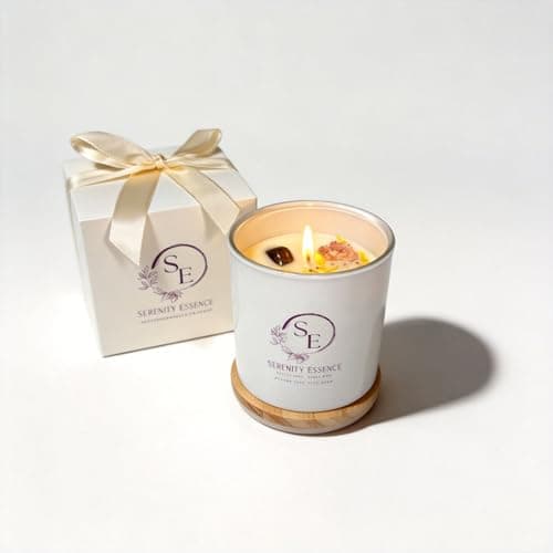 SERENITY ESSENCE Luxury Aromatherapy Scented Vanilla Candle 450g Soy Wax Crystal Candle with Smoky Quartz and Wooden lid. Candle Gift Box with Ribbon (80 hrs)