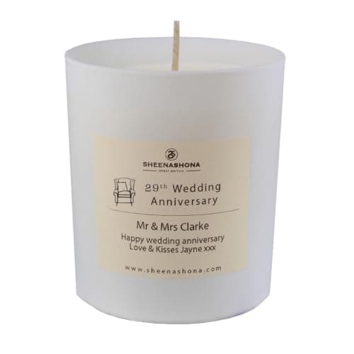Sheenashona Personalised 29th Furniture Wedding Anniversary Candle, Scented Soy Wax Gift Box with Satin Ribbon, Made in Great Britain (White Linen)
