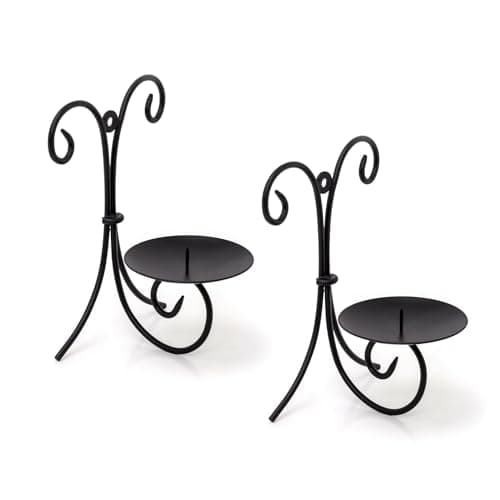 Set of 2 Black Metal Scroll Wall Sconce Candle Holders | Pack of 2 Wall Mounted Black Pillar Candle Holders | Wall Candle Plates With Spike