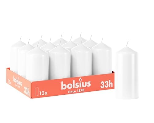 Bolsius Smooth Pillar Candles - White - Pack of 12-12 x 6 cm - Decorative Household Candles - Burn Time 33 Hours - Unscented - Contains Natural Plant Wax - Without Palm Oil