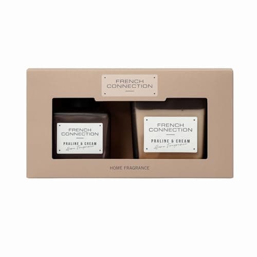 French Connection Square Range Scented Candle & Reed Diffuser Gift Set | 220g Shea Butter Wax Candle & 100ml Diffuser | Glass Jar Design | 37-Hour Burn Time | Gift Box (Praline & Cream)