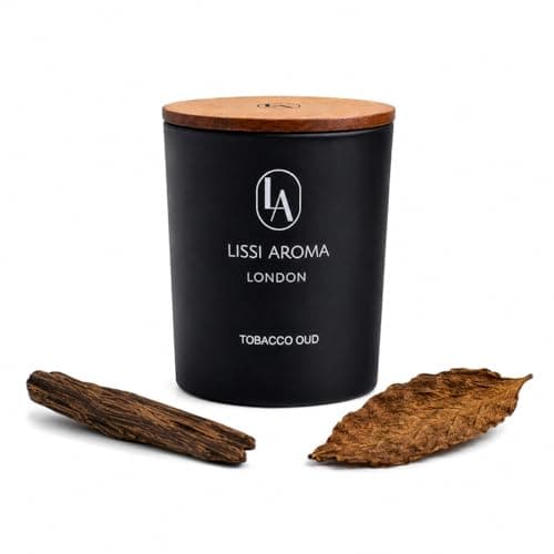 Tobacco Oud | Deep Woody Candle | Luxury Oud Scented Candle | Mood Uplifting Aromatherapy Candle | Natural Soy Wax | Smoky Glass Jar | Wooden Lid | Elegant Gift Candle | Lissi Aroma London