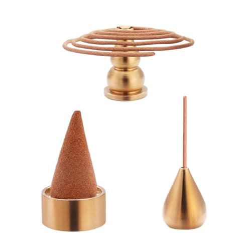 RUIENGCOMM 3-in-1 Brass Incense Burner – Coil, Cone & Stick Holder, Mini Alloy Ash Catcher for Yoga, Meditation & Home Living Spaces