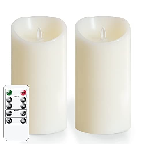 Mavandes 10x20cm Flameless Flickering Candles with Remote,Real Wax LED Battery Operated Pillar Candles with Timer,Ivory Pack of 2 Long Lasting Fake Electric Moving Wick Flameless Candles