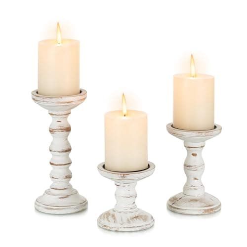 Candeldo Wooden Pillar Candle Holders, Set of 3 Farmhouse Table Decor