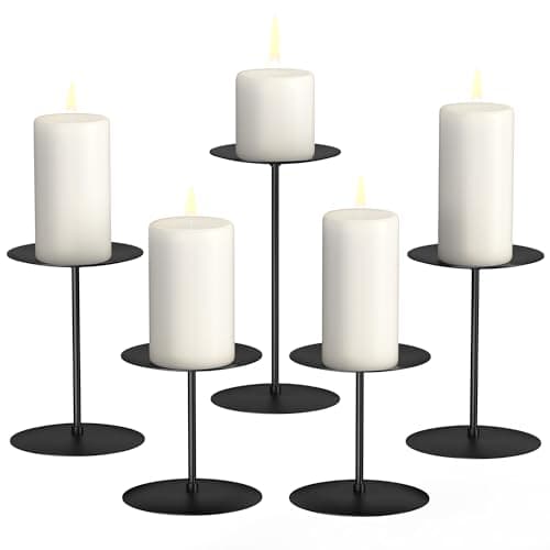 Set of 5 Black Candle Holders, Metal Candle Sticks Holder for Pillar Candles/Block Candles, Candle Stand for Table Decoration, Wedding, Halloween, Christmas, Candlelight Dinner