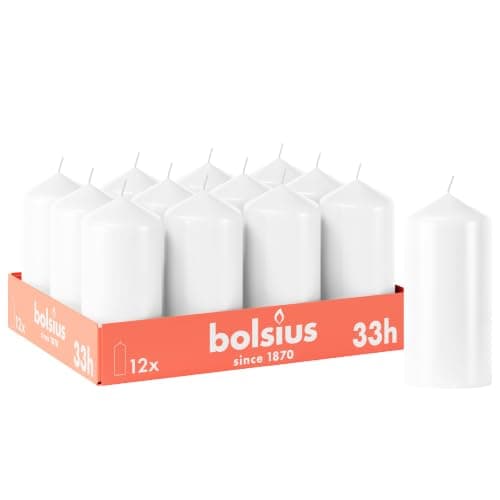 Bolsius Smooth Pillar Candles - White - Pack of 12-12 x 6 cm - Decorative Household Candles - Burn Time 33 Hours - Unscented - Contains Natural Plant Wax - Without Palm Oil