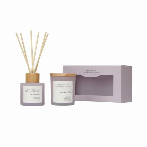 French Connection Pastel Collection Scented Reed Diffuser & Candle Gift Set | Luxury Home Fragrance | (Set-100ML & 141G, Sea Salt & Coconut) (Lavender and Cedarwood)