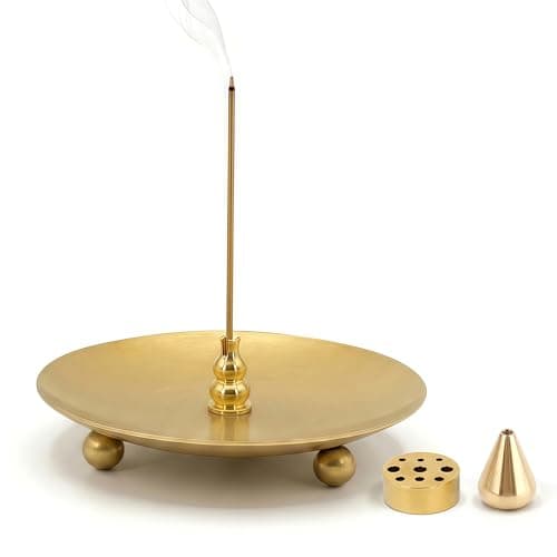Incense Holder, Brass Stick Incense Burner with 4.33 Inch Ash Catcher for Stick Coil Cone Incense, Pillar Candle Holders for Yoga Room, Meditation Room and Living Room (Golden 4Pcs)