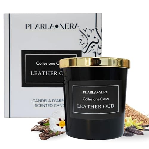 Leather Oud Scented Soy Candle by Pearla Nera| Oriental Balsamic Musk Vanilla Scented Soy Candle Long-Lasting Aromatherapy Candle Zero Emission Non-Toxic Clean Relaxation