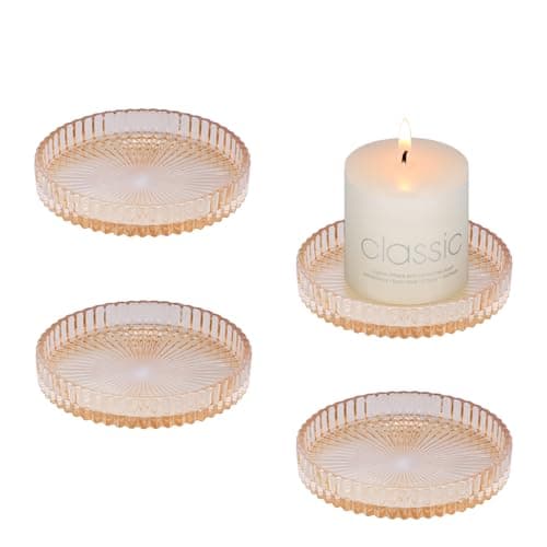 YoHyien 4 Pcs 3.5 in Glass Candle Plates for Pillar Candles, Round Pillar Candle Holders, Transparent Candle Dish for Party Decoration, Wedding, Christmas, Spa, Table Centrepieces & Gifts (Amber)