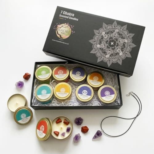 Chakra Crystal Candles Set of 7 | Hand Poured Soy Wax | Meditation & Yoga Gift | Carnelian Citrine Clear Quartz & More | Aromatherapy Ritual Candles
