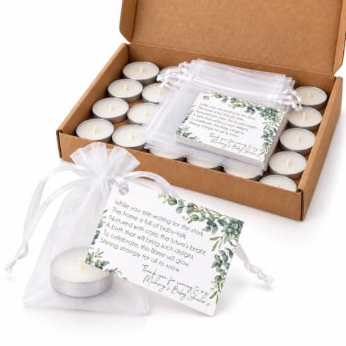 Lovely Little Things Baby Shower Favours for Guests – 20 Neutral Eucalyptus Candle Favours – Tealight Candles with Organza Bags & Poem Cards (White/Eucalyptus)
