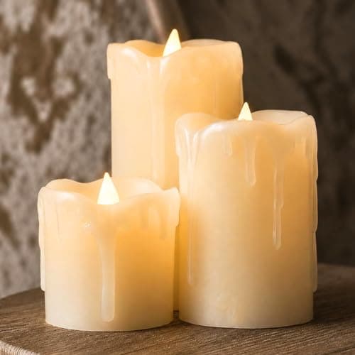 Festive Lights Set of 3 Real Wax Cream LED Pillar Candles, Batteries Included – Warm White Flickering Flameless Candles with Dripping Effect – Indoor Home, Wedding & Event Décor