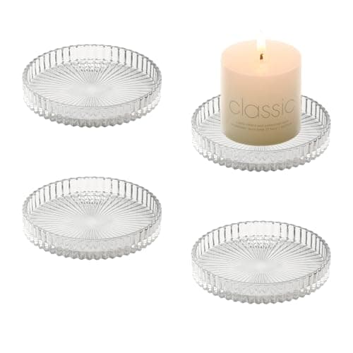 YoHyien 4 Pcs 3.5 in Glass Candle Plates for Pillar Candles, Round Pillar Candle Holders, Transparent Candle Dish for Party Decoration, Wedding, Christmas, Spa, Table Centrepieces & Gifts (Clear)