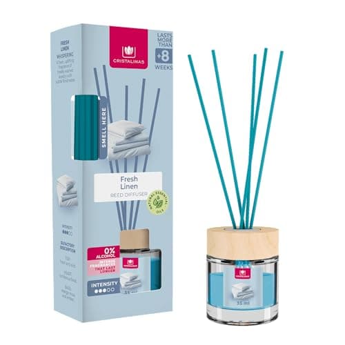Cristalinas 35ml Fresh Linen Air Fresheners - Reed Diffuser Home Fragrance Lasts upto 8 weeks - Room Diffuser Sticks with Coloured Fragrance Oil