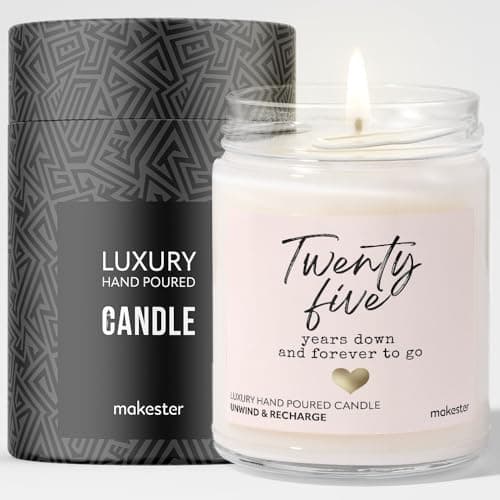 25th Wedding Anniversary Candle Gift - Luxury Soy Wax - Vanilla, Jasmine, Sugared Almond - Makester