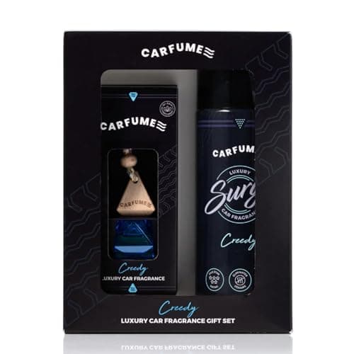 Carfume Creedy Car Air Freshener Gift Set | Original Collection | Premium Earthy Musk, Ambergris & Juniper Fragrance - Hanging Diffuser & Surge Can - Luxury Blue Car Accessory Gift For Men