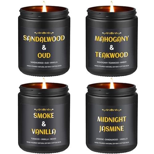 Scented Candles for Men, 4 Pack Mens Candle Set, 27oz Soy Wax, 200 Hour Burn Time, Relaxation Gifts for Men, Sandalwood Oud/Mahogany Teakwood/Smoke Vanilla/Jasmine Candle Gift Set