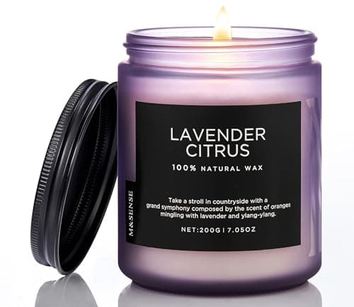 M&SENSE Lavender Citrus Organic Soy Aromatherapy Scented Candles Gifts for Women Non Toxic 200g 50H Burn Time Candles for Relaxation Stress Relief Floral Clear Burning Small Jar Candle for Home Decor